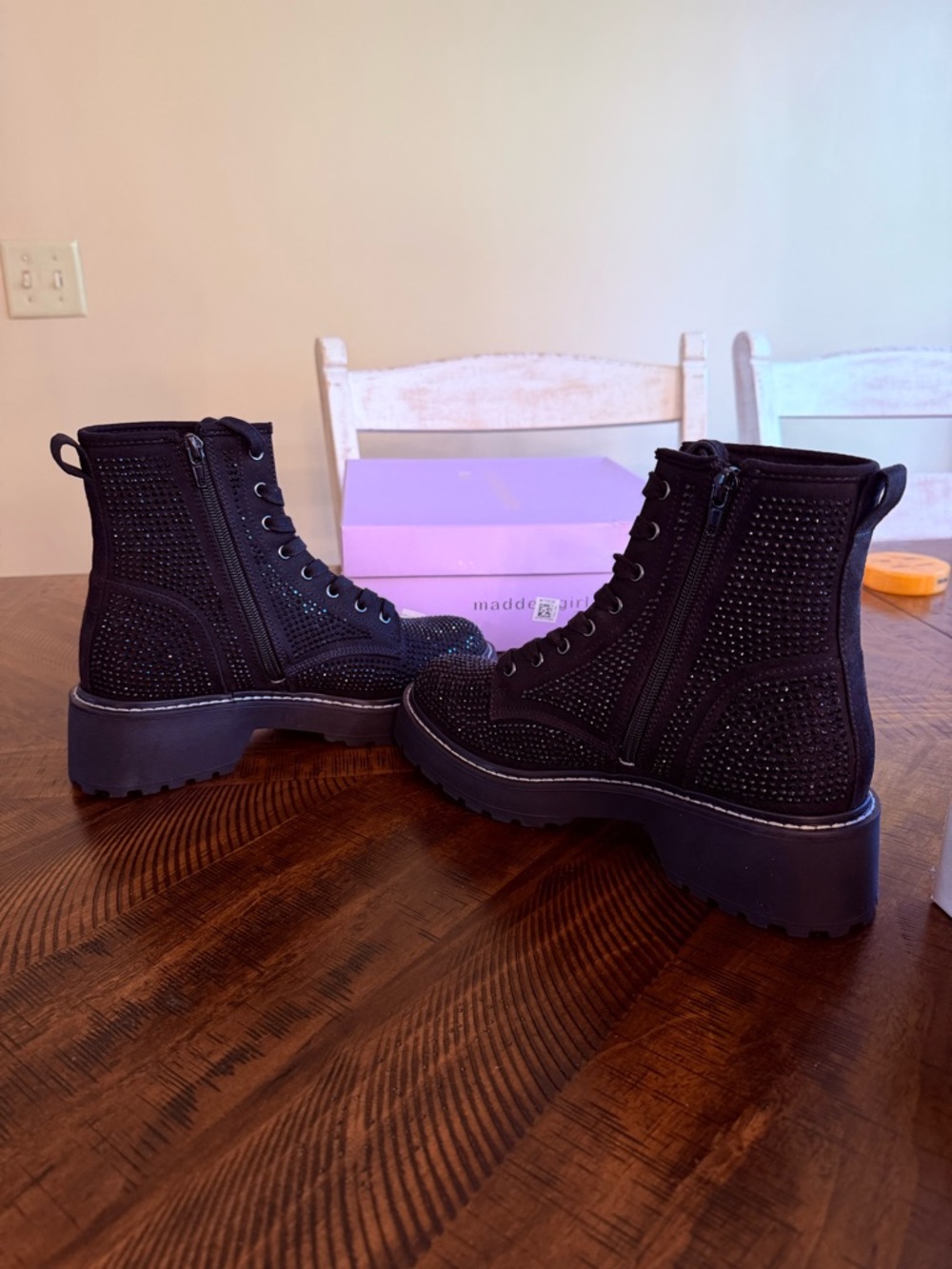 Madden Girl Sparkle Sequin Black Studded Combat Boots Lug Sole — NEW IN BOX - Picture 10 of 12